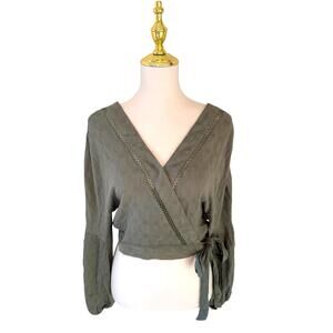 NWT Fashion On Earth Womens Lace Trim Olive Green Wrap Crop Top Balloon Sleeve M